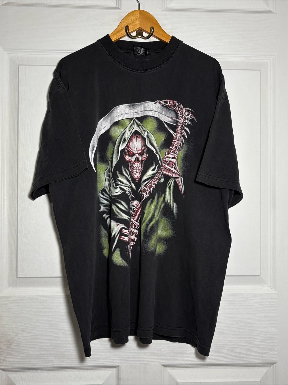 Vintage Y2K Grim Reaper Shirt Men’s XL Black Short Sleeve Skulls Scythe Grunge